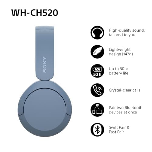 Sony WH-CH520 Wireless Bluetooth On-Ear Headphones, Lightweight Design, Up to 50hr Battery Life, Quick Charge, EQ, Clear Call Quality, iOS & Android - Blue — view 2