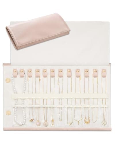 Lolalet Travel Necklace Organizer, Foldable Jewelry Case, Pink, 12 Slots