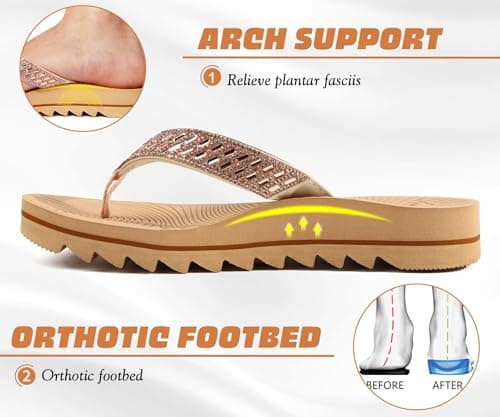KuaiLu Womens Orthotic Flip Flops with Arch Support Yoga Mat Cushion Fashion Rhinestone Sandals Summer Walking Beach Travel Thong Slides Comfy Plantar Fasciitis Indoor Outdoor Sandles Beige 7 — view 3