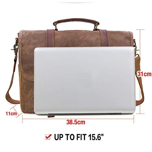 NEWHEY Mens Laptop Shoulder Canvas Messenger Bag Waterproof Computer Briefcase Notebook Vintage Satchel Designer School Work Bags Brown 15.6 Leather — view 5
