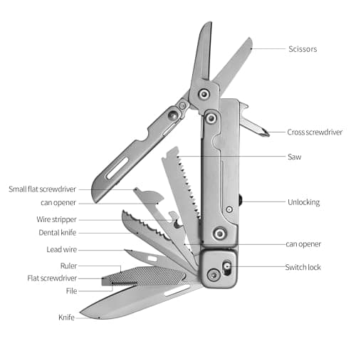 HONZIN Multitool 13 in 1 Camping Gear, Stainless Steel Foldable Multi Tool with Upgraded Scissors Saw Ruler Screwdrivers Bottle Opener, EDC Pocket Multitools for Outdoor, Gifts for Men — view 2