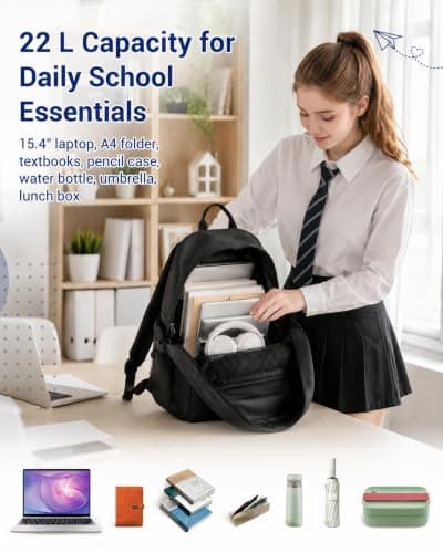 Kono School Bag for Boys Girls Teenager Black Backpack Lightweight Rucksack — view 3