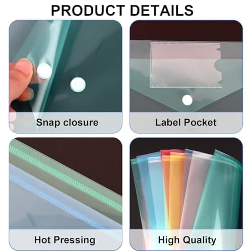 Wanciler 10 Pack A4 Waterproof Plastic Wallets A4 Document File Folders with Label Pocket and Button Storage for Office Home School Travel Supplies (5 Colours) — view 3