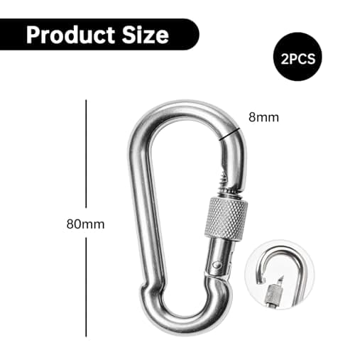 2pcs Heavy Duty M8 Safe Lock Carabiner Clip， 304 Stainless Steel Snap Hook for Outdoor Climbing， Hiking， Camping， Fishing， Backpack， Chain， Hammock， Swing — view 2