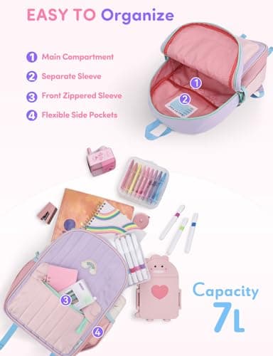 VASCHY Toddler Girls Backpack, Kids' Small Lightweight Quilted School Bag Color-blocked Bookbag for Kindergarten Children Light Purple Pink — view 3