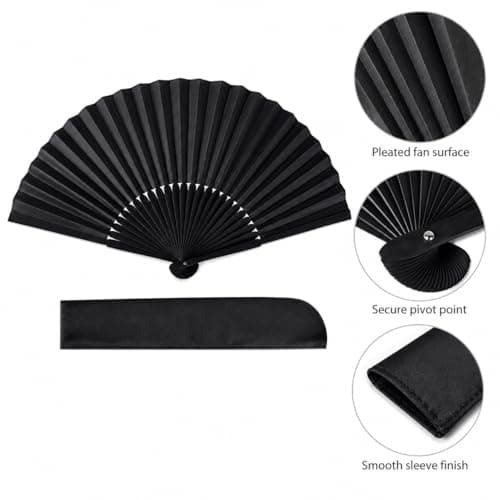 Qabonl Black Folding Hand Fan with Protective Sleeve, Classic All-Black Foldable Fan, Compact Portable Handheld Fan for Parties, Travel, Events and Everyday Use — view 6