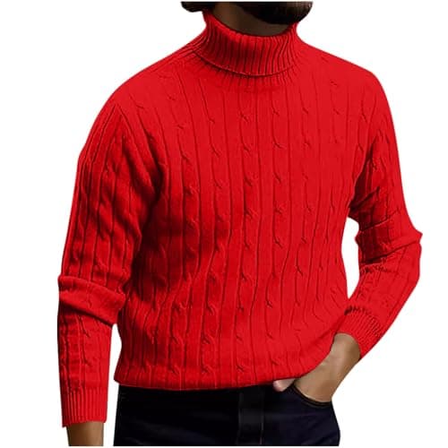 XMWSPO Men's Cable Knit Turtleneck Sweater,Long Sleeve Warm Sweatshirt