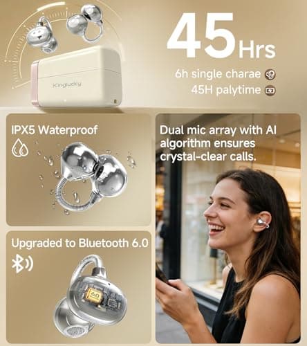 King Lucky Open-Ear Clip-On Earbuds for Running, Bluetooth 6.0 Wireless Headphones with Memory Spring, Secure Fit for Small Ears & Glasses Wearers, 45H Playtime, ENC Mic, IPX5 Waterproof (white) — view 6