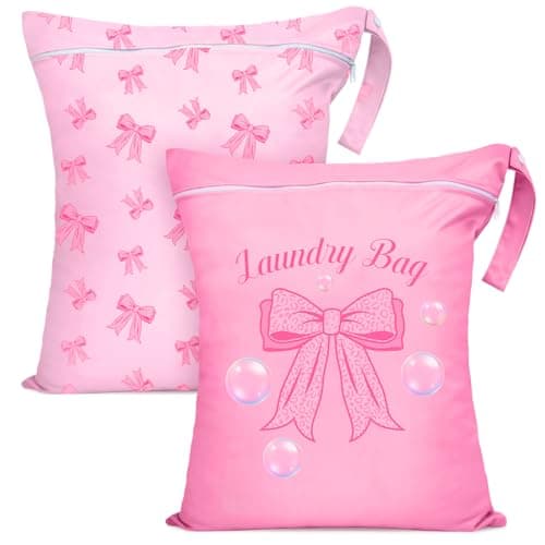 2PC Travel Laundry Bags, 55X45CM Large Waterproof Laundry Bags with Side Handles & Zippers, Dirty Clothes Organiser for Travel & Home Use (Pink Bows on Pink Background)