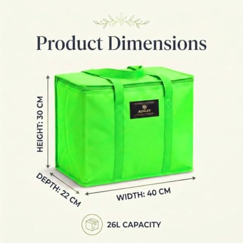 Adalex Global 26L Cool Bag Cooler Bag and Cooler Box, Insulated Food Delivery for Uber Eats, Thermal for Hot and Frozen Food, Picnic and Grocery Delivery, Freezer Shopping (22x30x40cm 26l Green, XL) — view 2