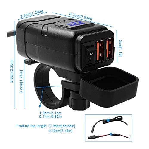 Beedove Motorcycle USB Charger, Type-C + USB Port, QC3.0 Quick Charge 12v USB Socket with Voltmeter Display and Switch, Waterproof Motorbike Phone Charger for Car/Boat/Camper/Van/Caravan — view 2