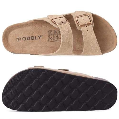 ODOLY Unisex Cork Footbed Slide Sandal, Arch Support Summer Outdoor Sandals with Adjustable Buckle for Women and Men, Taupe Suede, 6.5-7 Women/5-5.5 Men — view 6