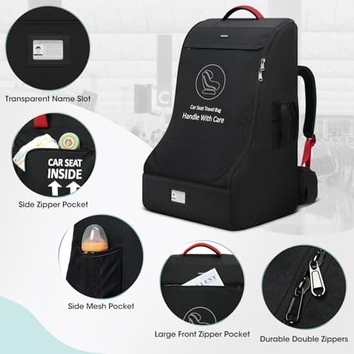 RAINSMORE Car Seat Travel Bag Backpack Padded Car Seat Bag for Airplane Water Resistant Baby Carseat Cover Bag for Airport Infant Seats Carrier Fits CarSeats Booster Seats Black — view 5