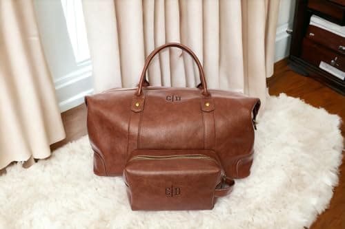 ZOEEDEN Personalised Travel Bag SET | Holdall Carry On Weekender Bag | Overnight Travel Duffel Bags for Men and Women | Wash bag and Travel for travel (Brown SET) 2 initials — view 2