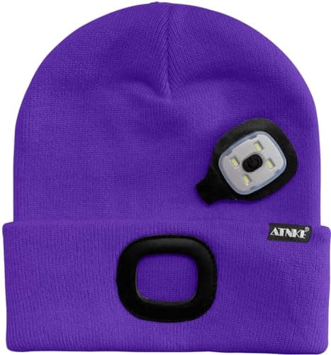 ATNKE LED Lighted Beanie Cap,USB Rechargeable Running Hat Ultra Bright 4 LED Waterproof Light Winter Warm Gifts for Men and Women/Purple — view 3