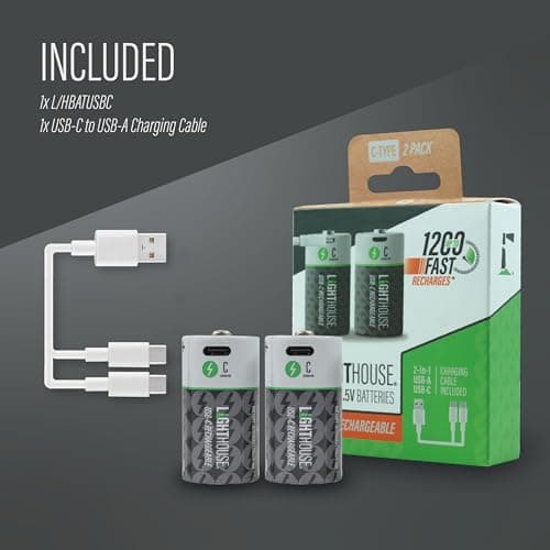 Lighthouse C Type USB-C Rechargeable Batteries Pack of 2 – 3000mAh Li-Ion 1.5V Battery Twin Pack with Fast 2.5h Charge, Up to 1200 Charge Cycles & Included Dual USB-A to USB-C Charging Cable — view 6