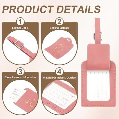 PATIKIL Suitcase Luggage Tags, Pink Heart Leather Name Tags Airplane Bag Accessories Travel Essentials for Flying Hotel Check in Luggage Bags Men Women, 1 Pcs — view 3