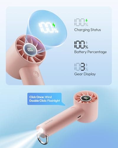 gaiatop Turbo Hand Held Fans with LED Torch Clasp Base, Portable Fans Mini Hand Fan, Travel Essentials Small Handheld Fan Rechargeable for Home Office School Outdoor Camp, Gifts for Women Men, Pink — view 4