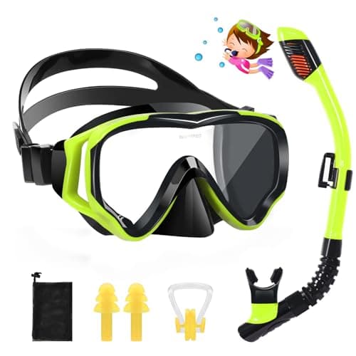 HIKOTEY Children's Snorkel Set,Panoramic Wide View Diving Mask,Snorkeling Gear Anti-Leak and Anti-Fog Tempered Glass Lens,Dry Snorkel Tube,Includes Earplugs and Nose Clip for Age 4-16 Years(Yellow)