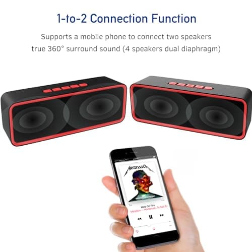Sonkir Portable Wireless Speaker, Wireless 5.0 Mini Speaker with 3D Stereo Hi-Fi Bass, Built-in 1500 mAh Battery, Support TF Card and AUX (Red) — view 3