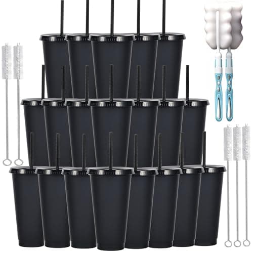 Yisituo 710ml Reusable Plastic Cups, 20 Pack Cold Cups with Lid and Straw, Tumblers Travel Mugs for Adults and Madam Party and Beach, Pool Gatherings (20, Black)