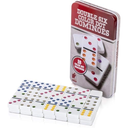 KAV 19 x 11 cm Double 6 Dominoes Set in Gift Tin Box Educational Board Games - Bright Coloured Set for Adults and Kids - 4.75 x 2.4 cm Domino Pieces Gift Tin Box