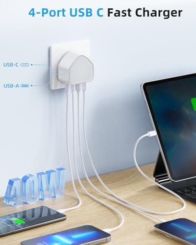 2-Pack USB C Plug Fast Charge, 40W 4-Port USBC Plug UK Multi Wall Charger Head Dual PD Power Adapter +QC Multiport Type C Charging Plugs for iPhone 17 16 15 14 13 12 11 Pro Max Plus, Samsung, iPad — view 3