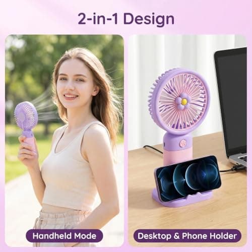 Mtbricey Mini Handheld Fan USB Rechargeable 2-in-1 Portable Hand Fan with Detachable Base 3 Speed Personal Small Fan Pocket Size Desk Fan for Travel Office Outdoor Cute Hand Held Fans (Purple) — view 6