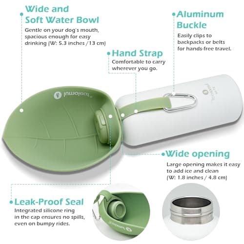 LumoLeaf Insulated Dog Water Bottle 27 oz Stainless Steel - Keep Water Cool or Warm, Portable Pet Water Bowl for Travel, Wide Mouth for Easy Ice Filling & Cleaning (Green, 27 oz) — view 6