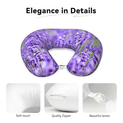 AUGUSTRUSH Memory Foam Neck Pillow - Travel Pillow With Adjustable Clasp, Removable Washable Cover For Airplane Office Car, Ergonomic Support Comfortable U-Shaped Pillow, Purple Lavender Print — view 3