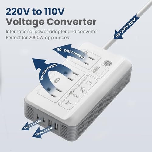 Mapambo 2000W Voltage Converter US to Europe, 7 in 1 Converter for European Travel for Hair Dryer, Kettles, Coffee Makers and etc. 220v to 110v Converter for International Travels (White) — view 6