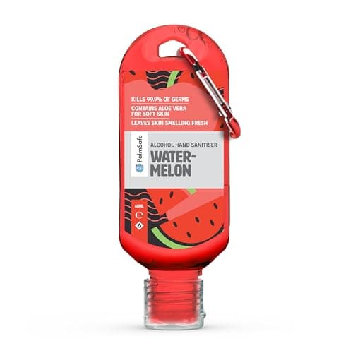 Palm Safe Watermelon 60ml Anti Bacterial Premium Hand Sanitiser Travel Size Refillable Clip Bottle Quick Drying Non Sticky Extra Moisturising Kills 99.9% of Viruses and Bacteria