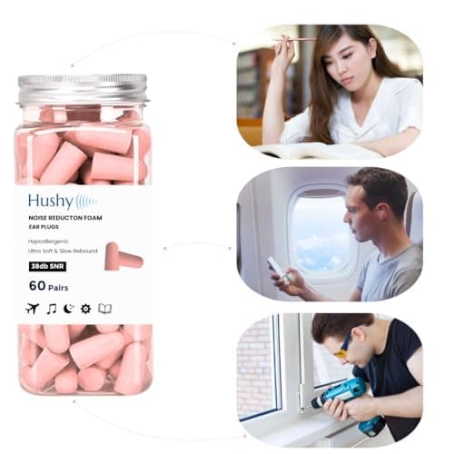 Hushy Premium Foam Earplugs for Sleep, 120-Pack, 38dB SNR Noise Cancelling Ear Plugs, Ultra Soft Hypoallergenic Earplugs for Sleeping, Study & Travel with Carry Case (Pink) — view 4