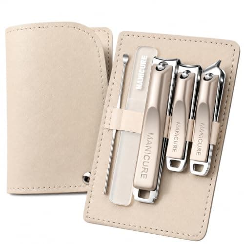 5PCS Manicure Set, Stainless Steel Nail Clippers Kit with Glass Nail File, Portable Pedicure and Grooming Tools in PU Leather Case for Travel and Home - Beige