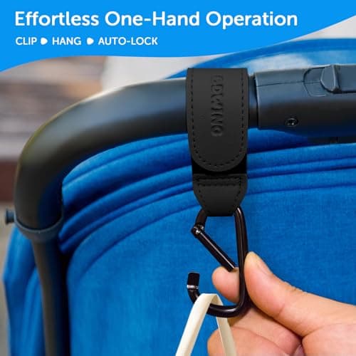 Bdwing 2pcs Buggy Clips for Changing Bag Handbag, Non-Slip PU Leather Pram Hook for Buggy Pram Rocker Stroller Pushchair Rollator Mobility Scooter Universal Accessories Baby Travel Essentials (Black） — view 5