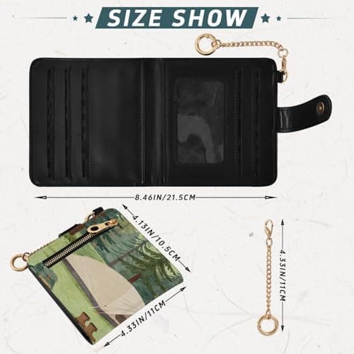 xigua Camping-Tents-Forest-Illustration-Nature-Tree Wallet for Women, Small Slim PU Leather Credit Card Wallets RFID Blocking Bifold, Zipper Coin Pocket Purse — view 3