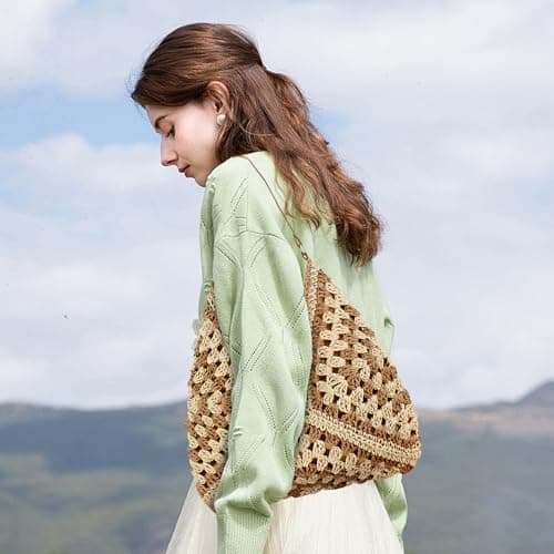 Bototack Straw Beach Bag For Women, Large Straw Bags Weave Handmade Handle Tote Bag, Bohemian Summer Straw Shoulder Bag Handbags for Travel Holiday Shopping (Light Brown) — view 2