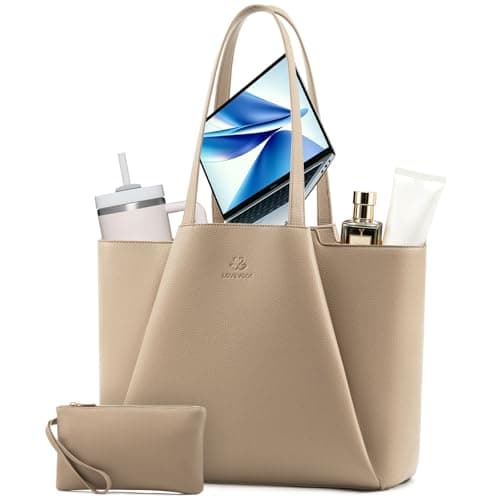 LOVEVOOK Laptop Bags for Women, 15.6 inch Handbags Tote Bags with Compartments, PU Leather Shoulder Work Bag Ladies Handbags with Purse for College Office Business Shopping, Sandy