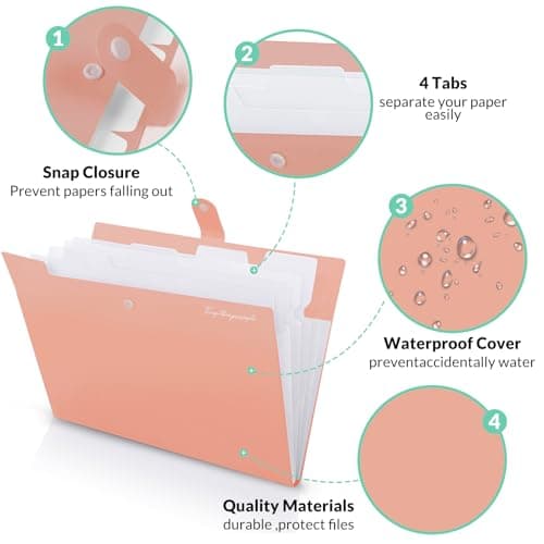 KONVINIT Expanding File Folder - a4 Document Organiser Folder with 5 Pockets High Capacity Portable File Folder with dividers for Paper Work Filing Products,Pink — view 3