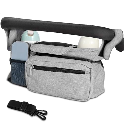 Stroller Organizer with 2 Cup Holder,Pram Bag Waterproof Oxford Infant Caddy Organizer with Detachable Pocket Adjustable Shoulder Strap Organizer Portable (Grey)