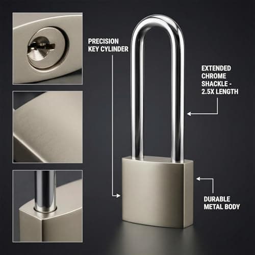 4 Pcs Long Silver Shackle Padlock with Keys Heavy Duty Outdoor Gym Locker — view 3