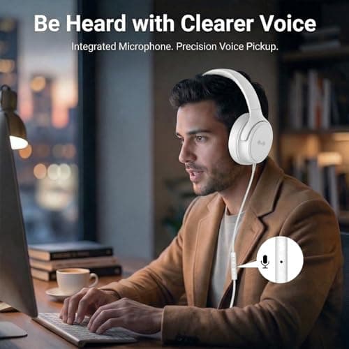 Zollexa Wired Over-Ear Headphones, Mic, 3.5mm Plug, USB-C Adapter, White — view 3
