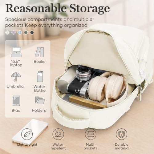 WEPOET Multi Pocket Backpack For School Womens Men, Waterproof Book bag Secondary For Girls Boys, Lightweight Large Capacity Rucksack Casual School Bags(Beige) — view 4
