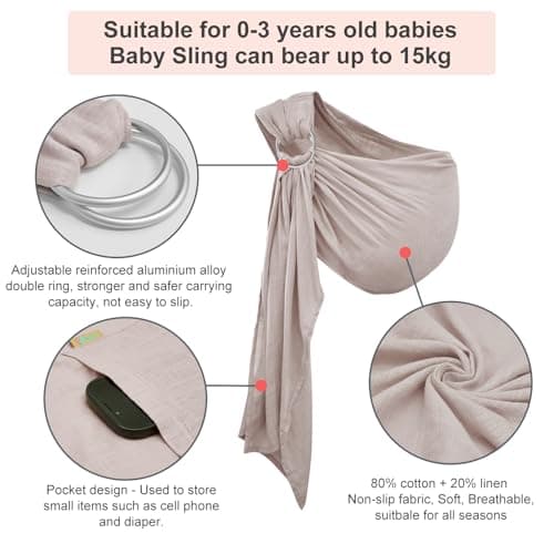 vrbabies Baby Sling Carrier for Newborn to Toddlers, Adjustable Breathable Muslin Double Ring Sling Wraps, Sling Holder Carrier Scarf, Ideal Baby Gift for New Parents (Grey) — view 2