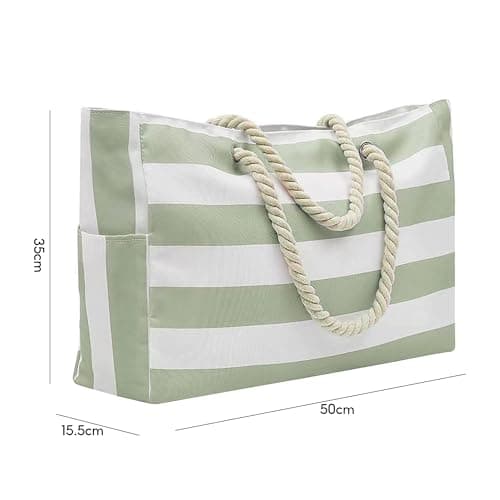 Megcdtr Large Beach Bag, Stripe Tote Bag with Zip(Green and White) — view 4