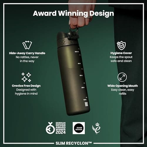 Ion8 Water Bottle, 500 ml/18 oz, Leak Proof, Easy to Open, Secure Lock, Dishwasher Safe, BPA Free, Hygienic Flip Cover, Carry Handle, Fits Cup Holders, Easy Clean, Carbon Neutral, Dark Green — view 6