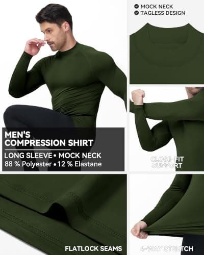 Runhit Olive Green Compression Shirt Men Mock Turtle Neck Long Sleeve T Shirt Fishing Work Motorcycle Ski Training Sports Top Summer Stretchy Tee Slim Fit M — view 4