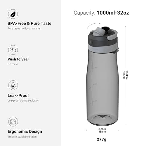 Super Sparrow Water Bottle 1000ml - One-Tap TouchGulp Bottle - Non-Toxic BPA Free - Lightweight & Sustainable Tritan Water Bottles for Sports, Travel, Outdoors — view 3