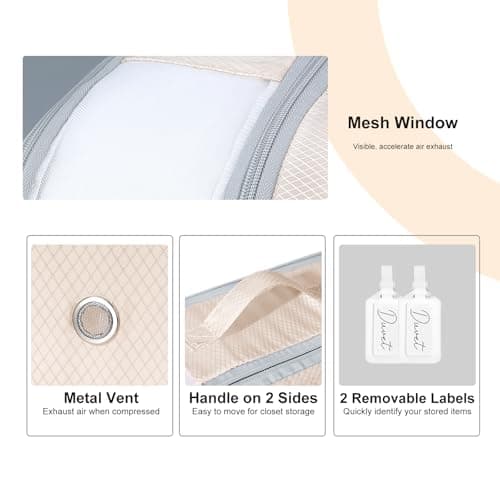 DIMJ 2 Pack Self-Compression Storage Bags 200L - Heavy Duty Duvet Organiser with Air Valves, Compress Bedding from 100L to 66L per Bag for Wardrobe, Travel & Moving | No Pump Space Saver (Beige) — view 6
