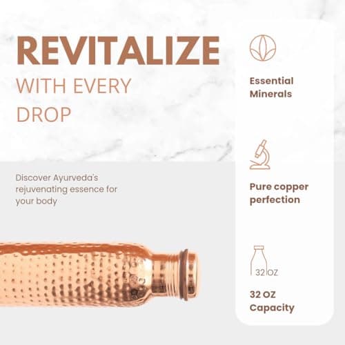 AVA DESIGNZ Hand Hammered Pure Copper Water Bottle 950ml – Ayurvedic Leakproof Sports Water Bottle | BPA Free Large Water Bottle for Yoga Travel Office Canvas Bag with Pocket & Card Holder, Brush Set — view 3